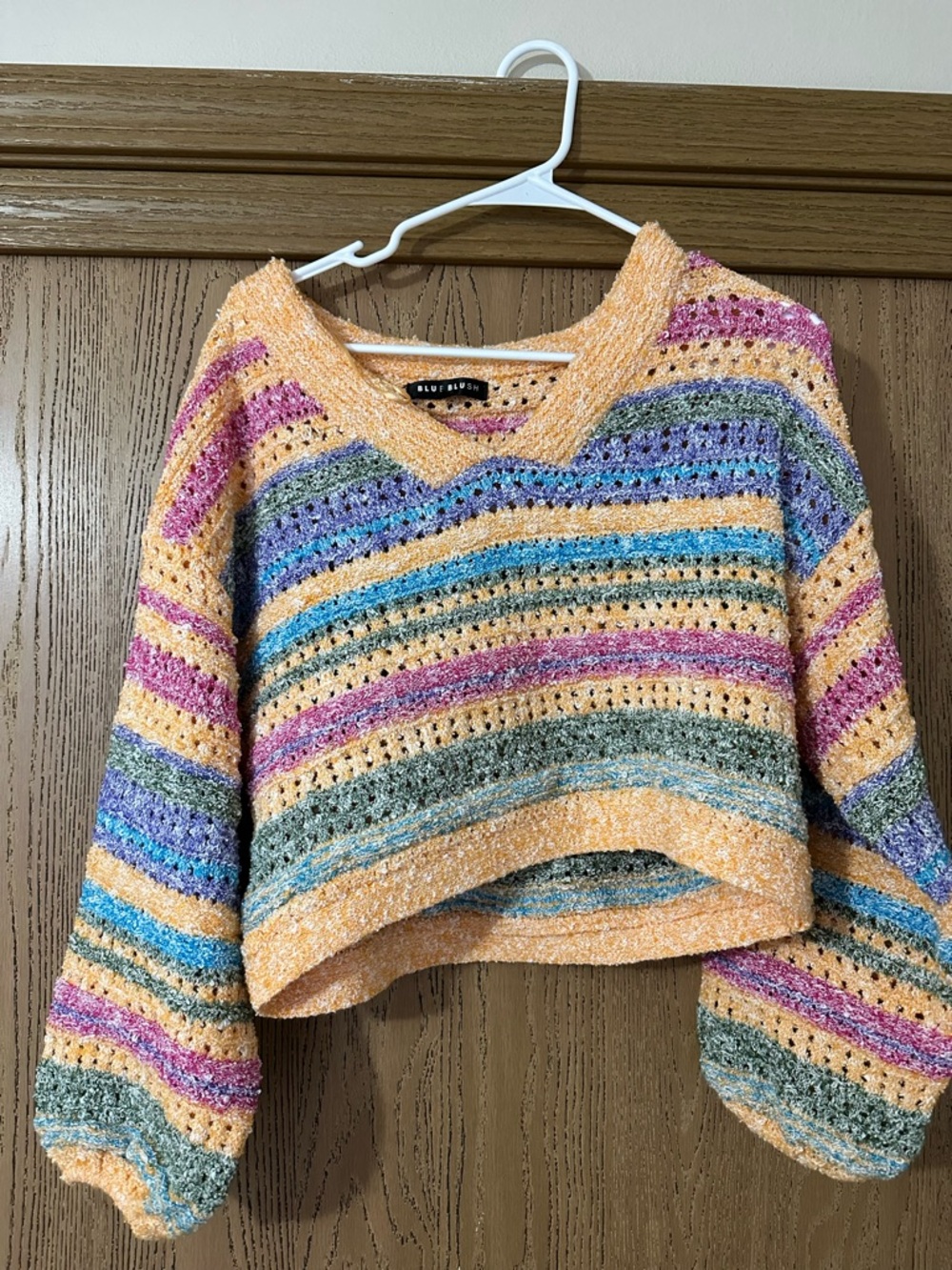 Blu Blush Cropped Multi-Stripe V-Neck Sweater - Peach Multi
